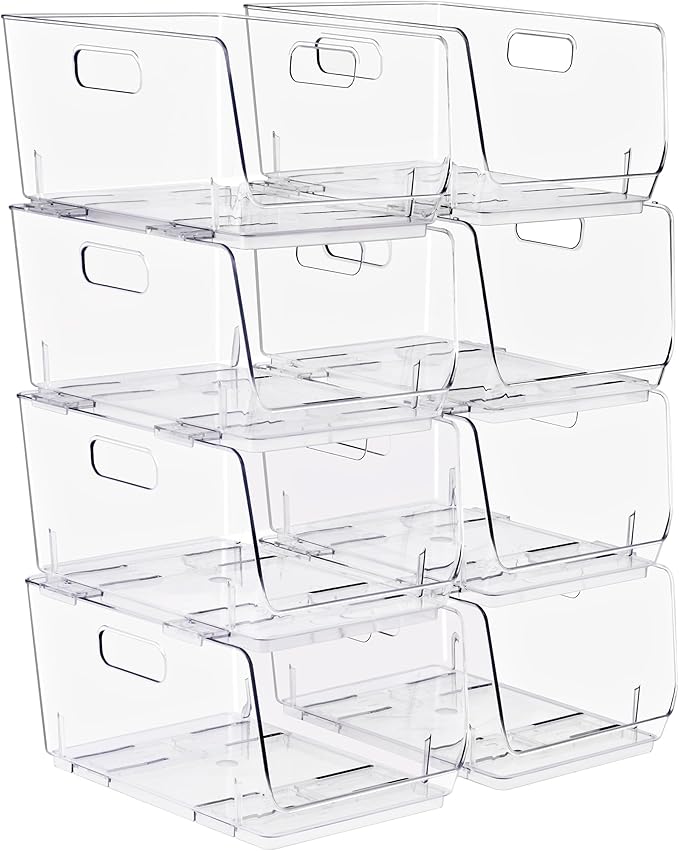 Sorbus Stackable Storage Bins Open Front, Clear Stackable Storage Bins, Pantry Bins for Storage and Organization, Acrylic Stackable Bins for Kitchen, Clear Pantry Organizer Bins (Medium 8 Pack)