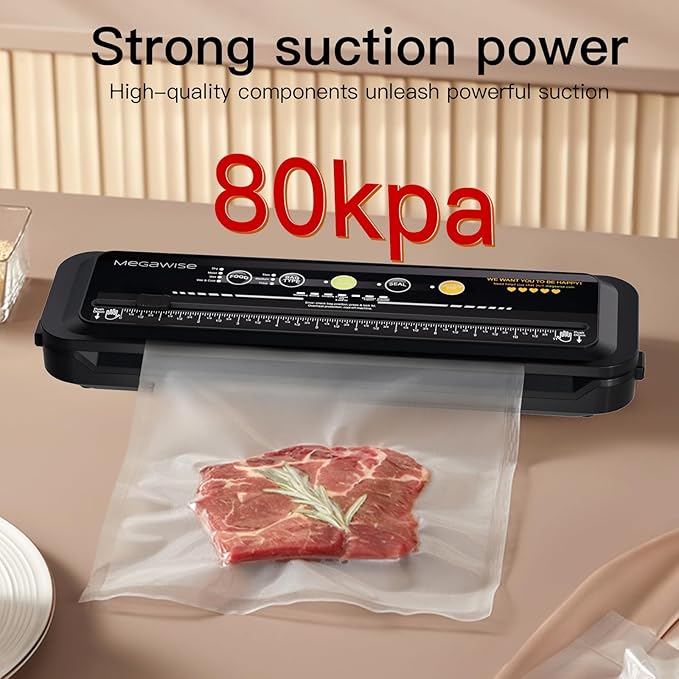 MEGAWISE Food Vacuum Sealer w/Starter Kit with Accessory Hose for Wide and Regular Mouth Sealer, Compact Design with 10 Vacuum Bags & Built-in Cutter