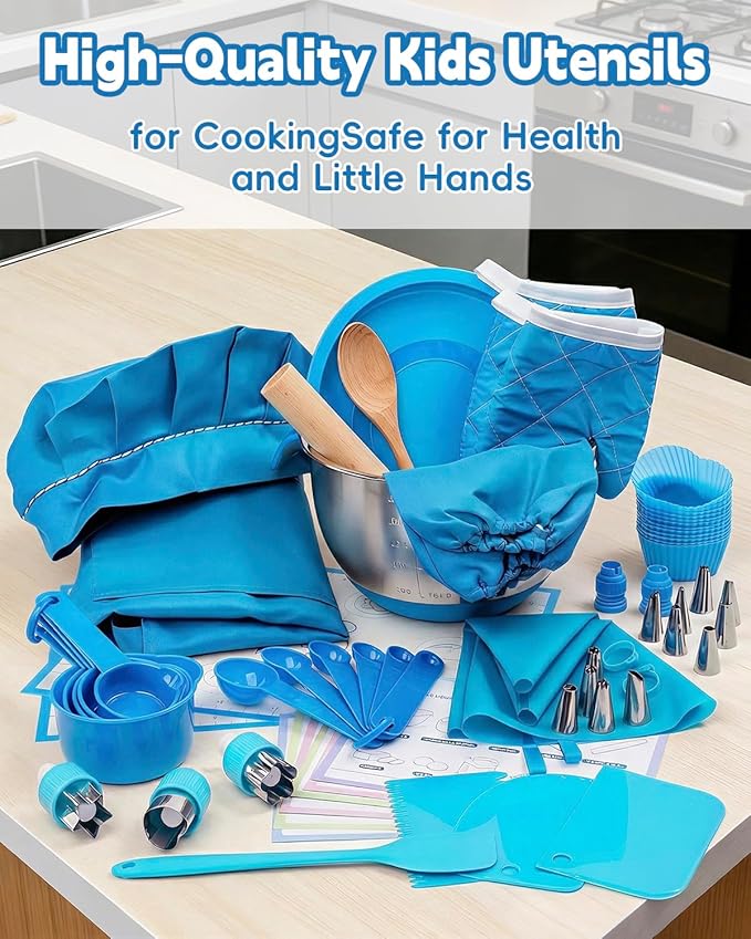 Kids Baking Set–Real Cooking Set for Kids with Kids Cooking Utensils & Kitchen Accessories, Measuring Tools & Baking Supplies,Great Gift for Pretend Play & Montessori Learning (Blue)