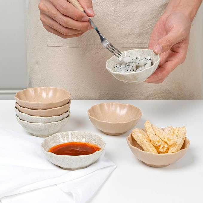 Dipping Bowls Set of 8, Ceramic Soy Sauce Dishes, 3 oz Dipping Sauce Cups, chrysanthemum Round Small Side Dish Dishes for Dipping Sushi Tomato Soy Sauce Dish Condiment Finger Bowls