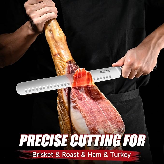 KEEMAKE Carving Knife Set - 12" Brisket Knife & 10" Butcher Knife & Boning Knife Set for Meat Ham Cutting Razor Sharp with Ergonomic Handle Full Tang Design