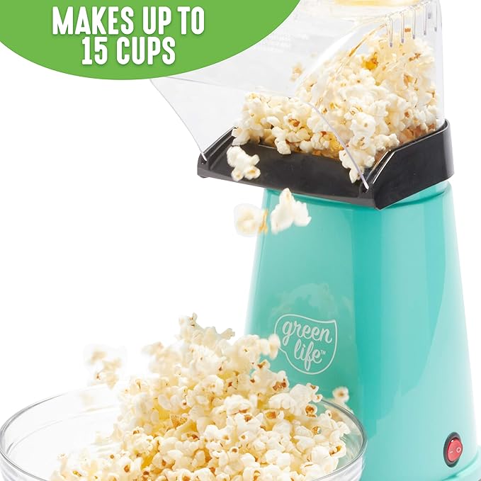 GreenLife Electric Popcorn Maker Hot Air Popper, Corn Kernal Measuring and Butter Melting Tray, Easy one Switch, Turquoise