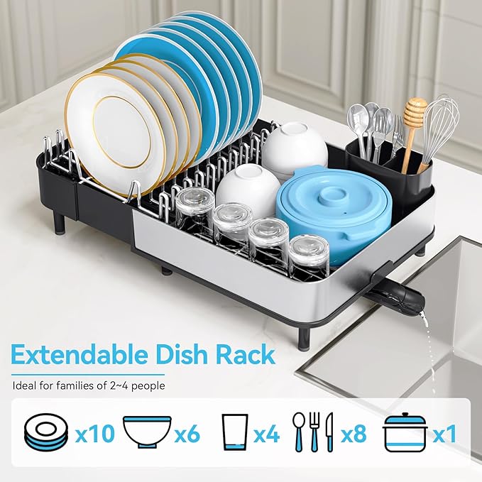 Urackify Dish Drying Rack, 304 Stainless Steel Dish Drainer with Removable Utensil Holder & Drain Board, Rustproof Space-Saving Dish Rack for Kitchen Countertop, Black