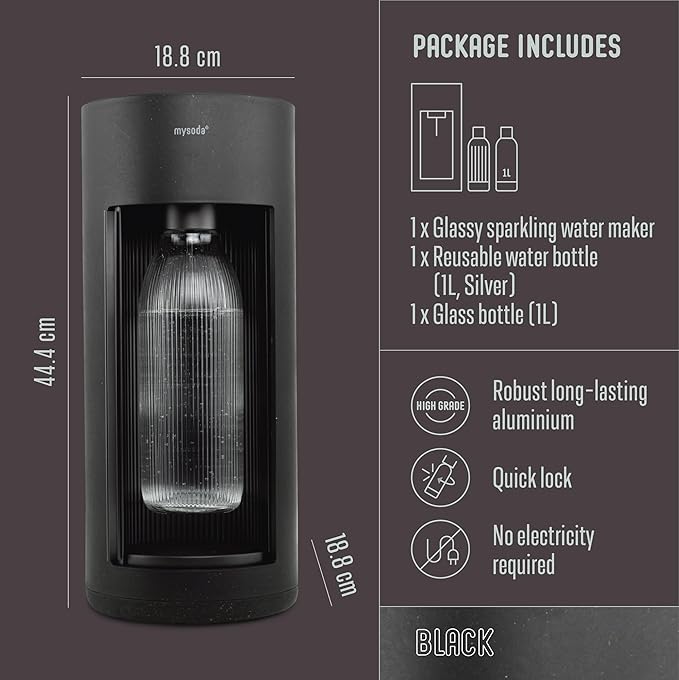 Mysoda Glassy Soda Maker + 1L Glass and 1L Plastic Bottle - Silent Carbonated Water Machine Soda Maker with Sliding Door Opening - No Cylinder Included - Black