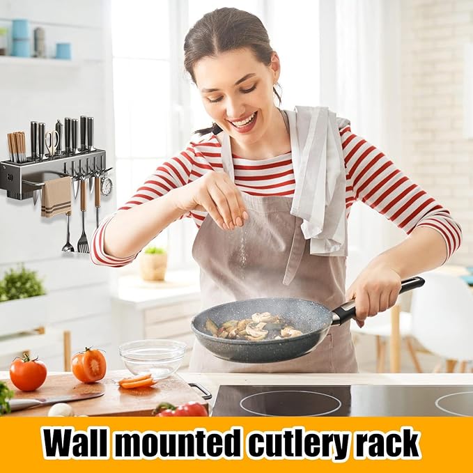 Utensil Holder – Kitchen Wall Organizer | No-Drilling Wall Mount Cutlery Storage Rack With Hooks, Towel Hanger For Spatula, Spoon, Mug & Kitchen Accessories Organization And Space Saving