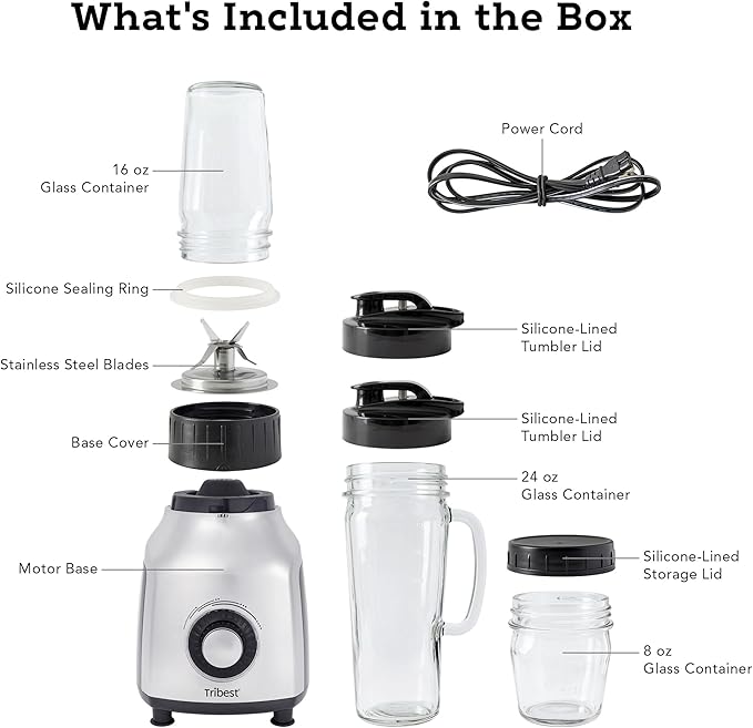 Tribest PBG-5050-A Portable Blender for Shakes and Smoothies with Glass Blender Cups, Chrome