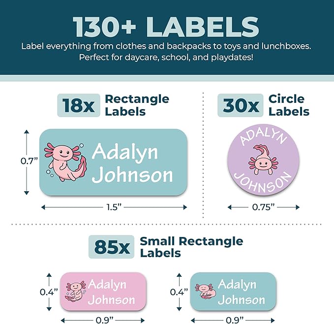 Personalized Daycare Name Labels for Kids (130 Labels) - Custom Waterproof Name Stickers for Clothing Tags, Water Bottles, Lunch Boxes and School Supplies (Axolotls)
