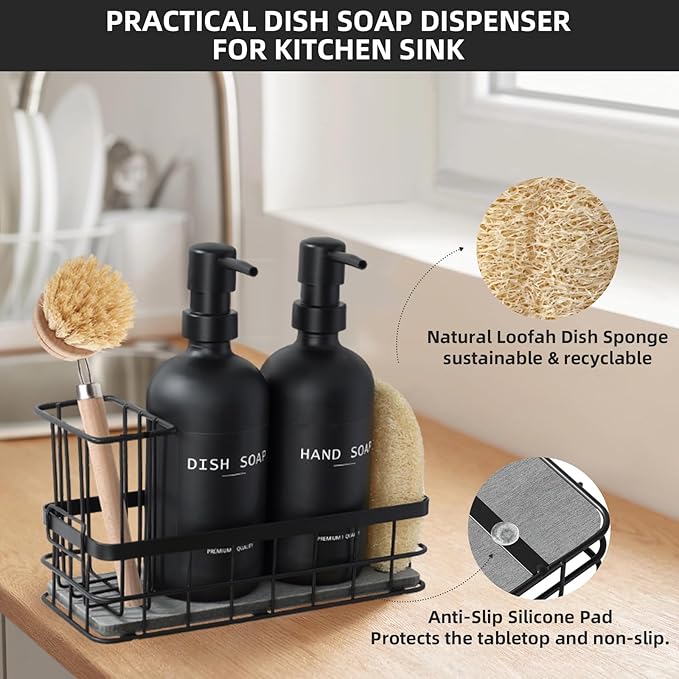 Dish Soap Dispenser for Kitchen, 16.9 fl oz Black Hand and Dish Soap Dispenser Set, Kitchen Soap Dispenser with Sponge Holder, Brush Holder and Loofah Sponge, Countertop Sink Organizer Accessories