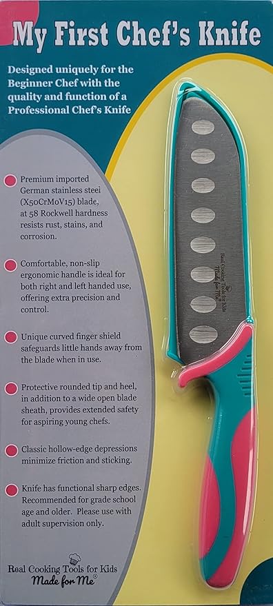 My First Chef's Knife for Kids - NEW! CARNATION/TEAL - w/Protective Safety Sheath - German Stainless Steel - Curved Finger Shield/Childrens Cooking Baking