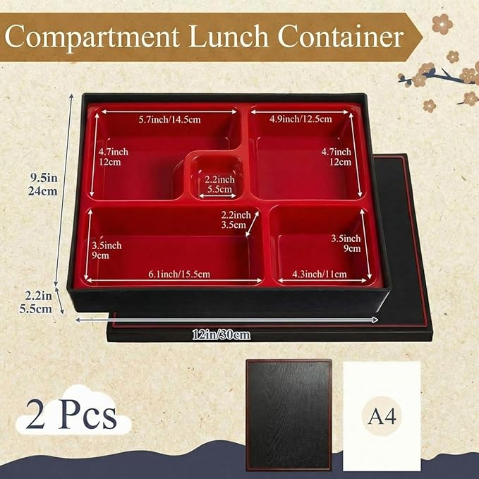 Teenyyou 2 Pcs 12 x 9.5 x 2.2 Inch Japanese Bento Box 5 Compartments Divided Lunch Box with Greaseproof Adult Japanese Bento Lunch Container Sushi Home Restaurant
