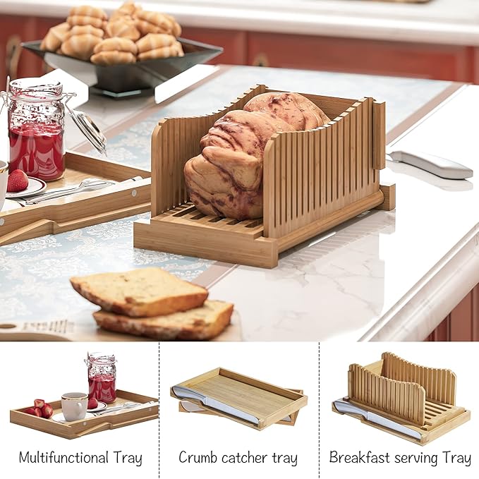 Bamboo Bread Slicer with Serrated Knife, Adjustable Guide for 3 Thickness Sizes, Foldable Chopping Board with Crumb Tray, Great for Homemade Bread, Cakes, Bagels