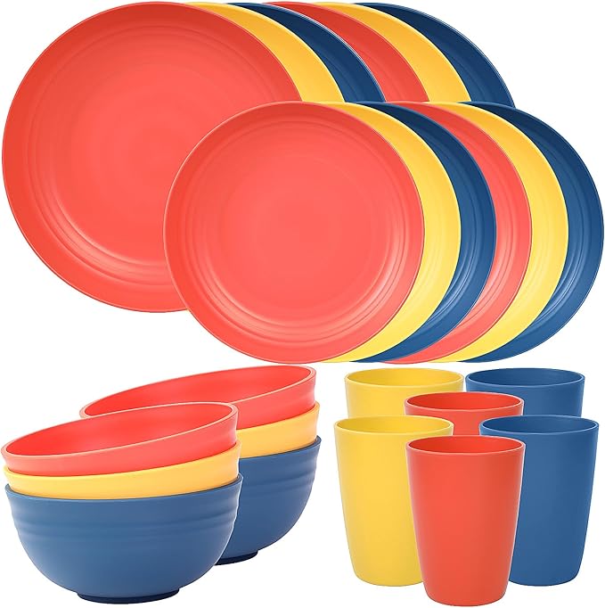 Quatish 24 Piece Plates and Bowls Sets for 6, Unbreakable Dinnerware Sets, Dish Set for Camping, Dishwasher Microwave Safe, Outdoor Kitchen and Apartment Dinning RV Essentials, Multi