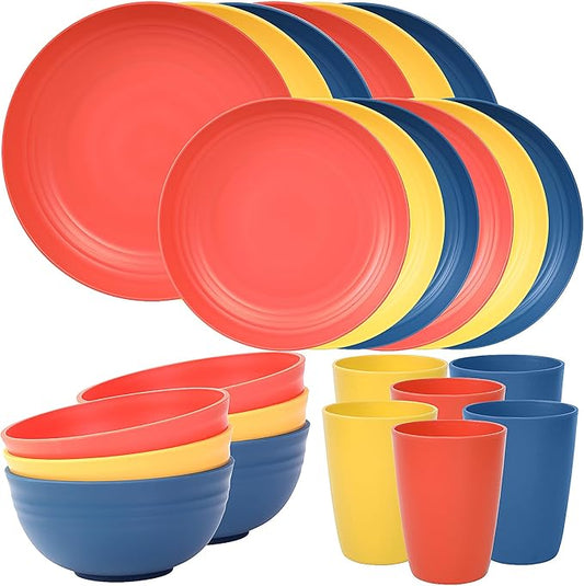 Quatish 24 Piece Plates and Bowls Sets for 6, Unbreakable Dinnerware Sets, Dish Set for Camping, Dishwasher Microwave Safe, Outdoor Kitchen and Apartment Dinning RV Essentials, Multi