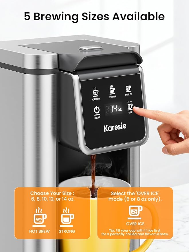 K Cup Coffee Maker, Hot & Iced Coffee Maker for K Cup and Grounds, 6-14 Oz Brew Sizes, 50oz Removable Tank, Single Cup Coffee Maker with Descaling Reminder, Stainless Steel, Black