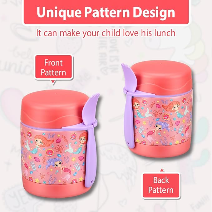 10oz Soup Thermo for Hot Food Kids,Lunch Thermo Kids Food Jar with Spoon Hot Insulated Food Containers,Leak Proof Stainless Steel Wide Mouth Lunch Thermo Jar for School(Pink-Mermaid)
