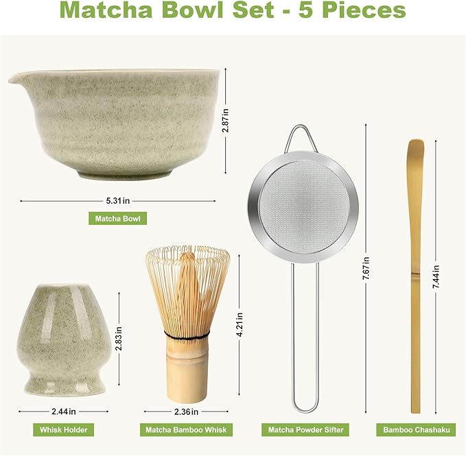 Green Matcha Whisk Making Set - Japanese Tea Kit with Whisk Bowl and Bamboo Scoop Ceramic Chawan with Spout for Traditional Tea Ceremony Complete Matcha Making Tools Gift for Tea Lovers (Green, 5 PCS)