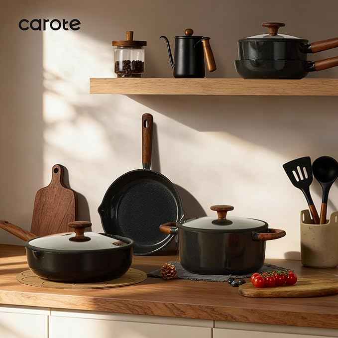 CAROTE ceramic cookware set,nonstick pots and pans，14PCS Non Toxic Healthy Non Stick Kitchen Cooking Pots and Frying Pans Set, PFAS PTFE Free