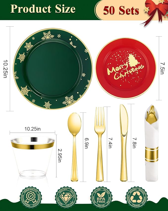 Goodluck 350 Piece Christmas Plates Sets for 50 Guests, Christmas Tableware Disposable for Party, Include 100Plates, 50Pack Pre Rolled Napkins with Silverware, 50Cups for Party, Wedding, Graduation
