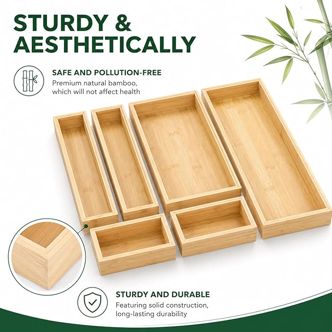 Bamboo Kitchen Drawer Organizer for Utensils, Set of 6 Stackable Silverware Tray for Drawer, Multi-Use Storage Bamboo Trays for Utensil Holde, Office, Makeup, Jewelry, Bathroom