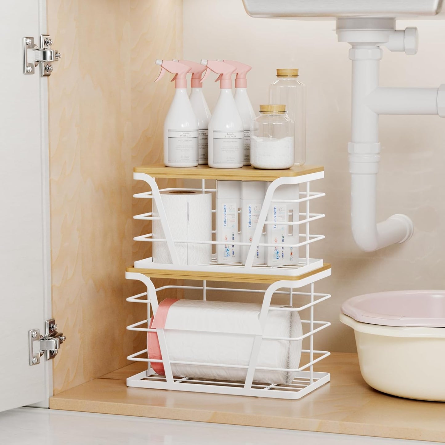 2 Pack Stackable Laundry Room Organization and Storage, Laundry Room Decor and Accessories, Trash Bag Holder with Bamboo Top and Garbage Bag Dispenser, White
