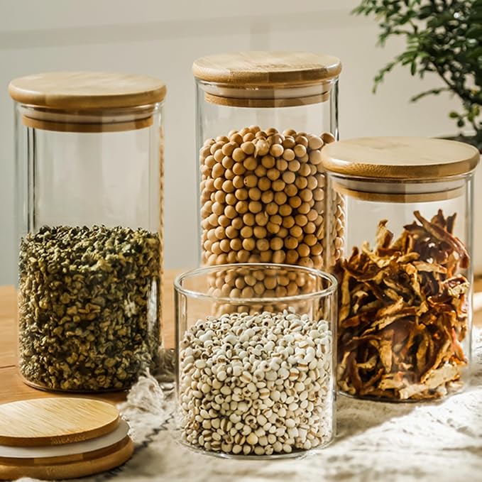 SHOWIN 34oz Glass Food Storage Jars, Glass Jars with Bamboo Lids, Kitchen Storage Jars, Set of 8, Canisters with Airtight Lids for Spice, Coffee, Cookie, Pantry Organizers