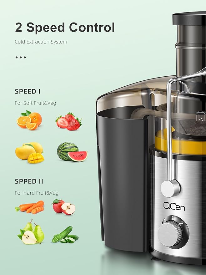 QCen Juicer Machine, 800W Centrifugal Juicer Extractor with 3” Wide Mouth Feed Chute for Fruits & Vegetables, Easy to Clean, Stainless Steel, BPA-Free