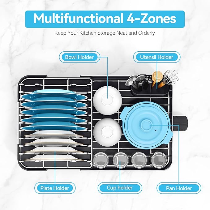 Urackify Dish Drying Rack, 304 Stainless Steel Dish Drainer with Removable Utensil Holder & Drain Board, Rustproof Space-Saving Dish Rack for Kitchen Countertop, Black