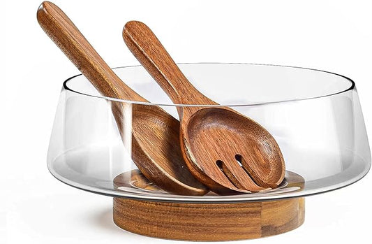 KITEISCAT Extra Large Glass Salad Bowl Set - Party Salad Bowls with Acacia Wood Base and Serving Utensils - Elegant and Practical Kitchen Must-Have