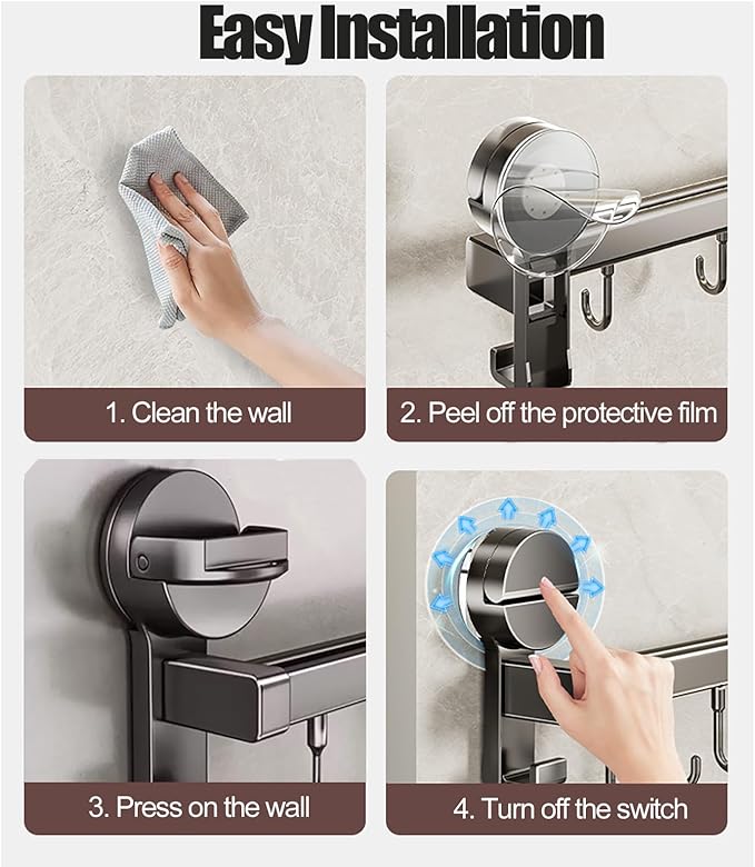 Wall Mounted Utensil Hook Rack with 8 Hooks, No Drill Installation, Space Gray Finish, Kitchen Organizer for Coats, Bags, and Accessories，Suction Cup Storage (2 Pack)
