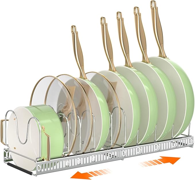 MUDEELA Pots and Pans Organizer Rack for under Cabinet, Expandable Pot Lid Kitchen Cabinet Organizer Holder with 10 Adjustable Compartment Cutting Board Organizer for Pan Lid Cookie Sheet Rack, Silver
