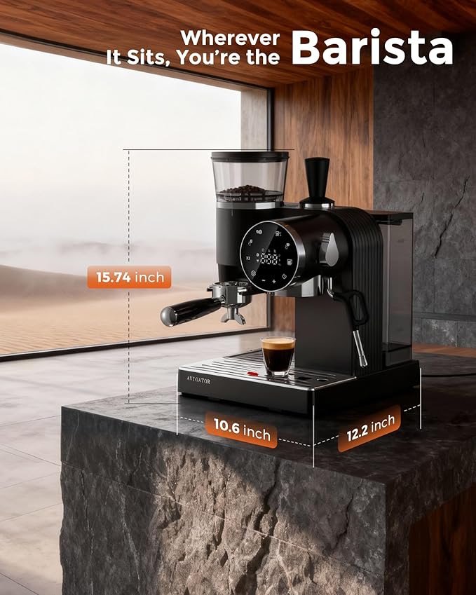 20 Bar Espresso Machine | LED Screen Touch Control | 6 Level Adjustable Grinder | Drip Coffee & Cold Brew, Milk Frother, Assisted Tamper & Built-In Accessory Storage Box | 50oz Tank