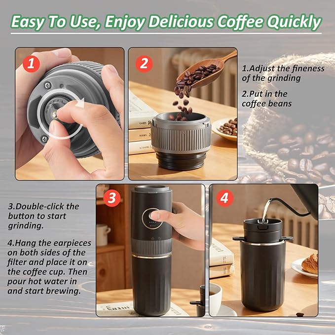 Portable Electric Coffee Grinder and Brewing Kit, Rechargeable, Conical Burr Mini Coffee Grinder with Filter, 32g Capacity & Coffee Cup for Camping, Travel, Office, Espresso, Pour Over, etc (Black)