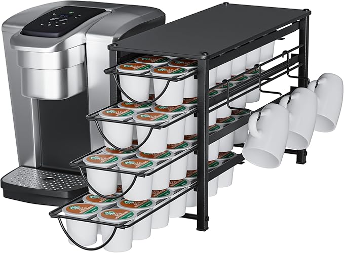 HFHOME Coffee Pod Organizer for Countertop, 4-Tier Metal Storage Drawer, Holds 56 Capsules, Coffee Station Holder for Kitchen, Office, or Home, 3 cup rack, Black