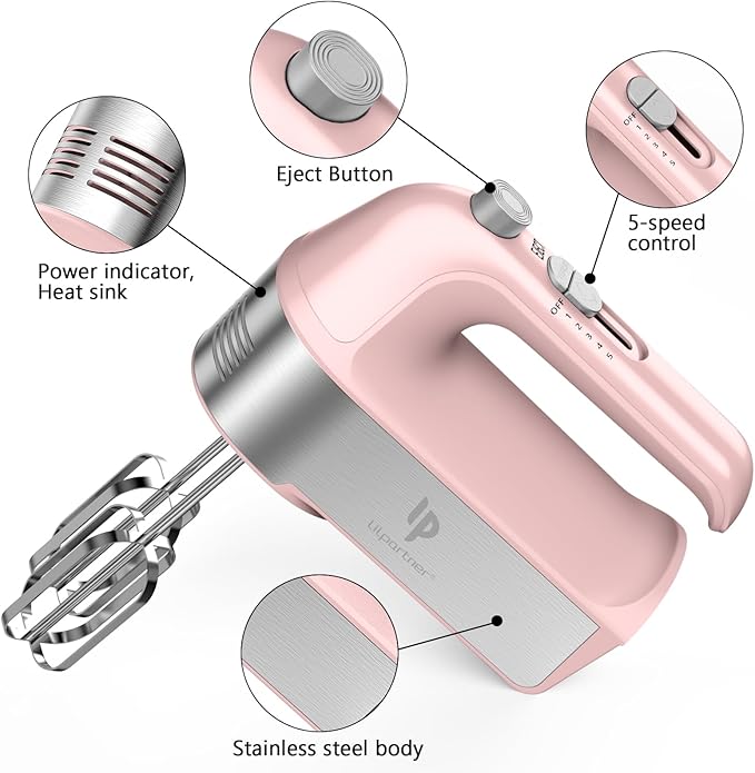 Hand Mixer Electric, 450W Kitchen Mixers with Scale Cup Storage Case, Turbo Boost/Self-Control Speed + 5 Speed + Eject Button + 5 Stainless Steel Accessories, For Easy Whipping Dough, Cream, Pink