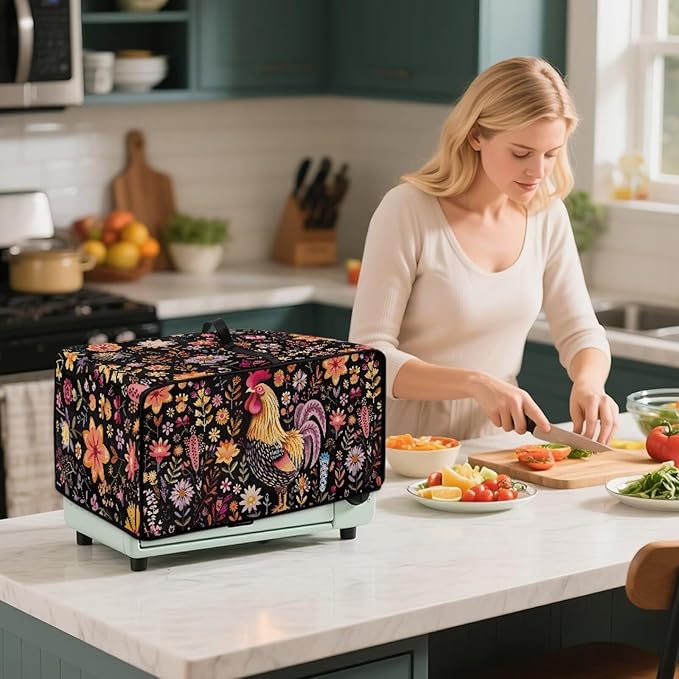 Microwave Oven Cover Air Fryer Toaster Oven Dust Cover with Accessory Pockets, Stain-resistant Small Electric Appliance Protector for Kitchen, L, Rooster Chicken Floral Black