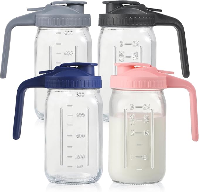 4 Pack 32oz Glass Pitcher with Lid, Double Leakproof Glass Mason Jar Pitcher with Pour Spout Lid, 1 Quart, Wide Mouth Storage Container for Breastmilk, Sun Tea, Juice, Cold Brew Coffee, Water