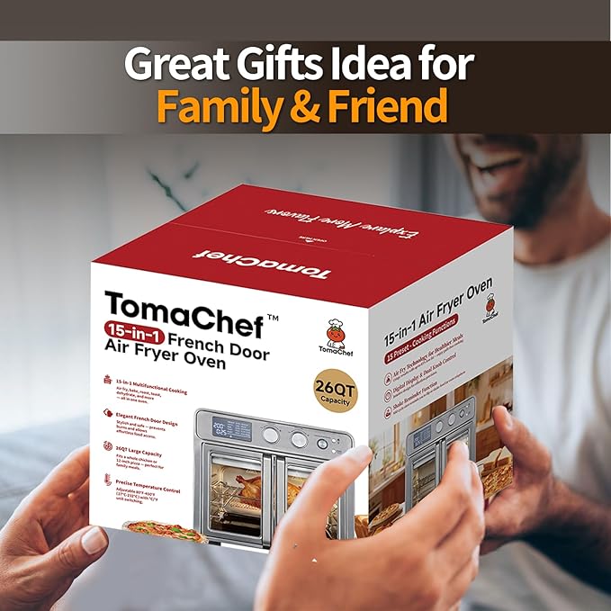 TomaChef 26QT French Door Air Fryer Toaster Oven Combo, 15 Cooking Functions including Rotisserie, and Digital Controls, 30 Recipes & 5 Accessories, Stainless Steel Finish