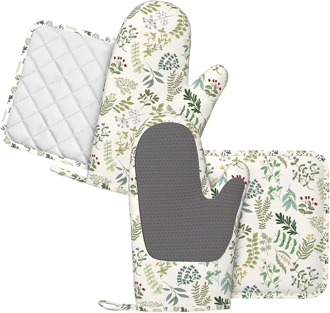 Wildflowers Herbs and Leaves Oven Mitts and Pot Holders Sets Silicone Beige Floral Kitchen Oven Mitts Hot Pads Heat Resistant Potholders Kitchen Mitts Set for Baking BBQ Cooking