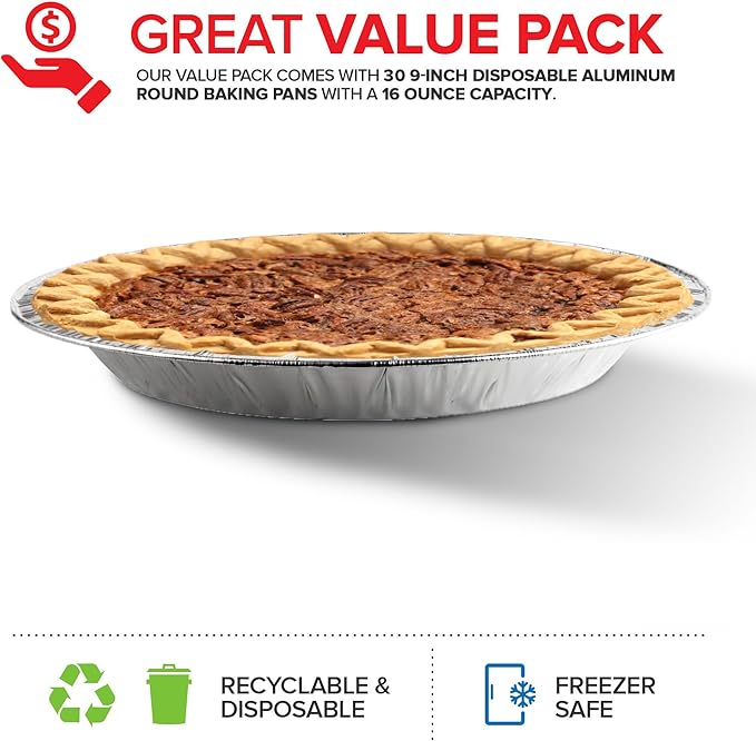 Stock Your Home 9 Inch Aluminum Tart Pie Pans (30 Count) - Disposable & Recyclable Large Pie Pan - Foil Pie Tin for Bakeries, Cafes, Restaurants - Durable Large Foil Pans for Pies, Fruit Tarts, Quiche