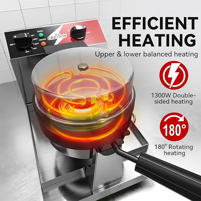 CROSSON Ice Cream UFO Burger Maker, Commercial Electric Burger Waffle Maker Sandwich Machine Rotating 180°Non-Stick Plate Machine/Adjustable Temperature and Timer for Restaurant Bakeries 120V/1300W
