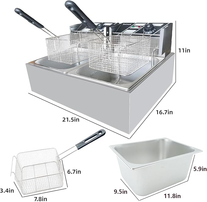 Commercial Deep Fryer with Baskets, 3400W 12.7QT/12L Thickened Stainless Steel Countertop Electric Oil Fryer, Large Capacity with Temperature Control