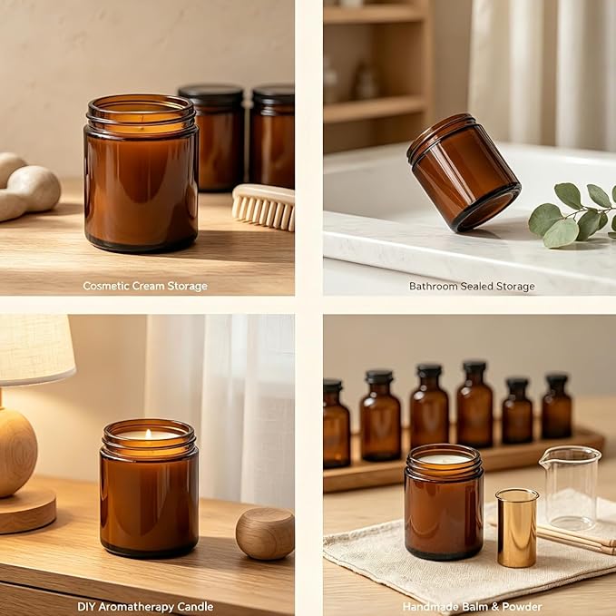 QAPPDA 8oz Amber Candle Jars Set of 30,Round Glass Jars with Black Lids,Empty 250ml Glass Candle Making Jar Bulk Thick Small Food Storage Jar for Spice,Candy,Powder