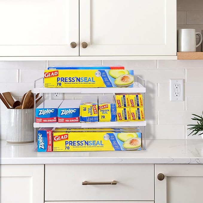 Cirhy Pantry Organizers and Storage,3 Tiers Expandable Foil and Plastic Wrap Organizer, Adjustable Kitchen Cabinet Shelf Organizer, Shelves Storage Rack for Cabinet Countertop (9.8" To 15.6" L) 2PCS