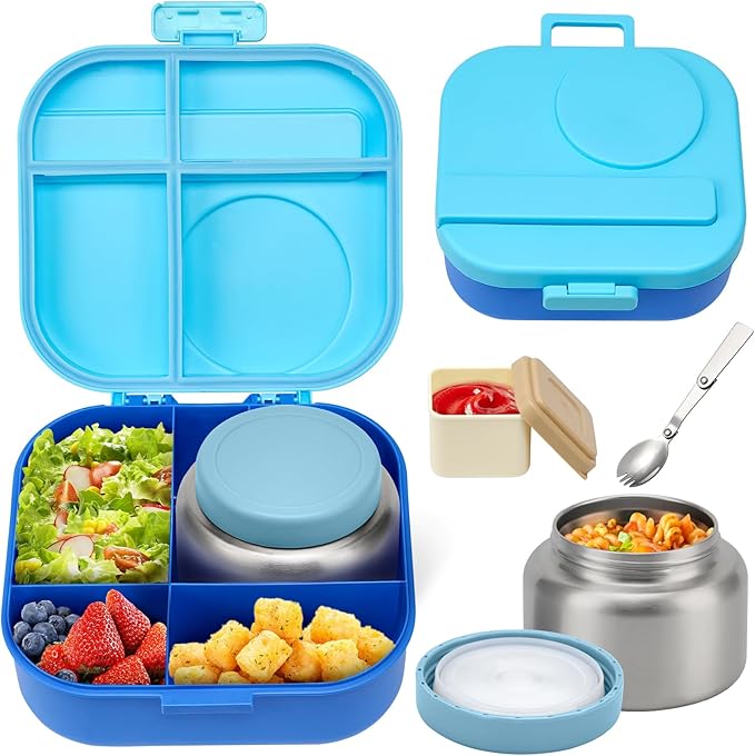 Bento Lunch Box for Kids with 12oz Soup Thermo,4 Compartments Lunch Box Containers Kids, Spoon&Sauce Jar, BPA Free&Leak proof,Insulated Food Jar for Travel((Blue)