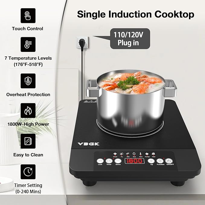VBGK Single Burner Induction Cooktop,1800W Portable Induction Cooktop,110V Hot Plate with LCD Sensor Touch, 7 Temp Levels up to 518°F, Safety Lock, 4-Hour Timer, 9 Heat-Resistant Cooking