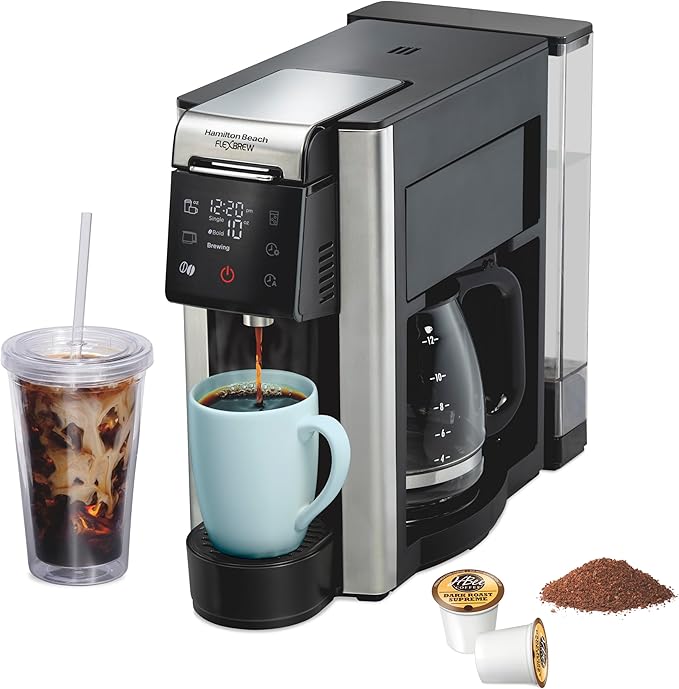 Hamilton Beach FlexBrew Advanced 5-in-1 Programmable 12 Cup Drip and Single Serve Hot & Iced Coffee Maker with Movable 60 oz. Water Reservoir, Fast Brewing, Black R49965 (Renewed)