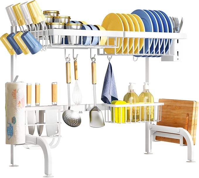 Over The Sink Dish Drying Rack, Adjustable (25.5 to 36.5 inch) 2 Tier Metal Steel Dish Drying Racks for Kitchen Counter with Hooks Paper Towel Utensil Cup Holder Sink Caddy (White)