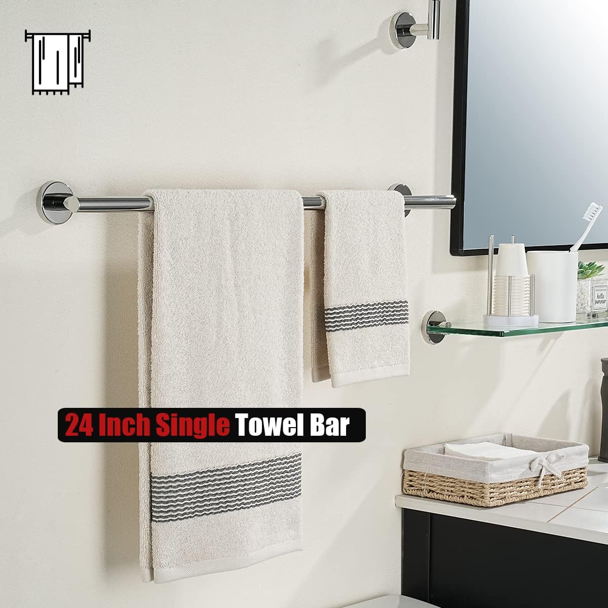 JQK Chrome Towel Bar, 27 Inch 304 Stainless Steel Thicken 0.8mm Towel Rack Bathroom, Towel Holder Polished Finished Wall Mount, Useable Length 24 Inch, TB110L24-CH