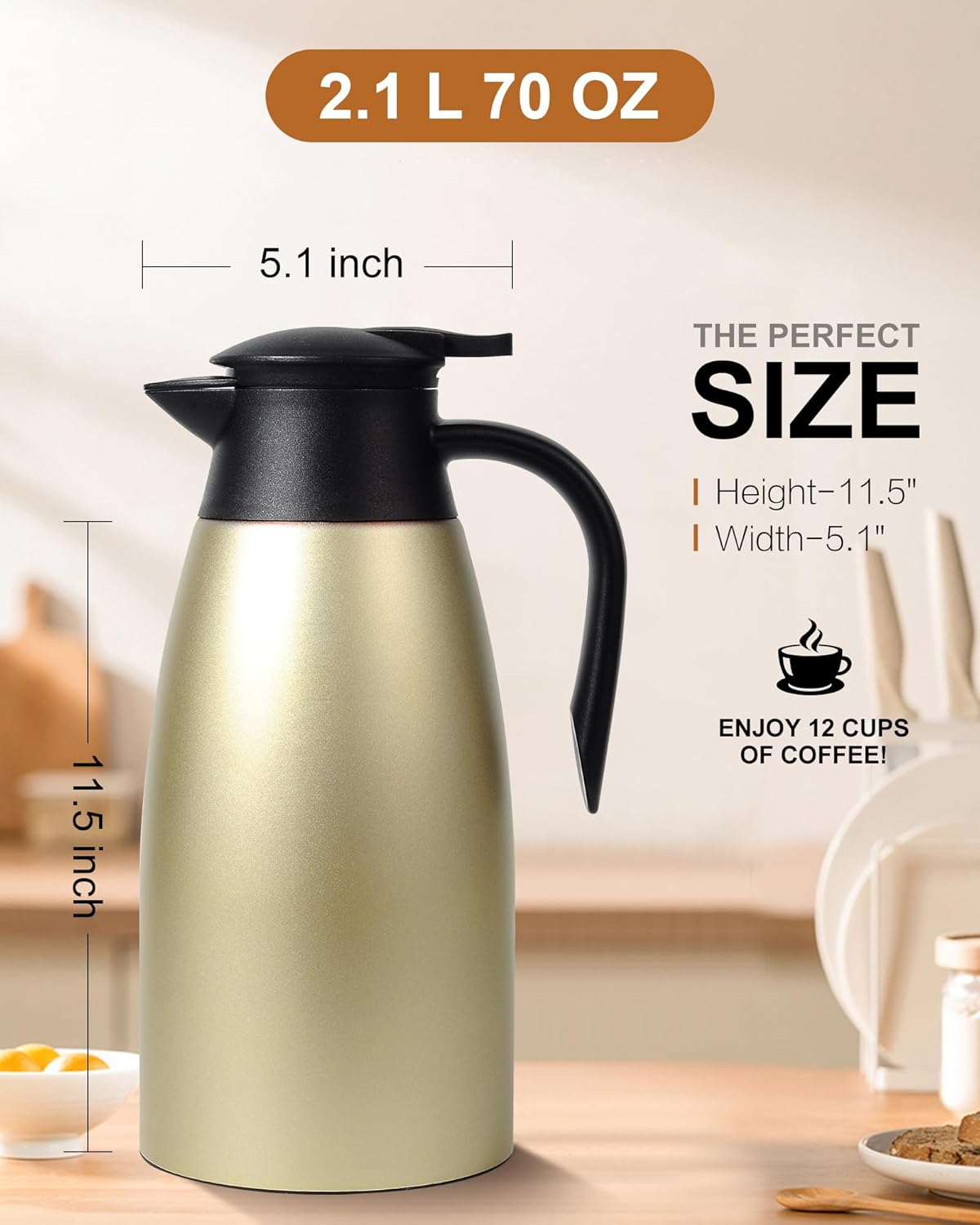 Updated 70 Oz Thermal Coffee Carafe, 2.1L nsulated Stainless Steel Coffee Carafes for Keeping Hot Coffee & Tea Hot Beverage-12Hours, Double Walled Vacuum Coffee Carafe (Gold)