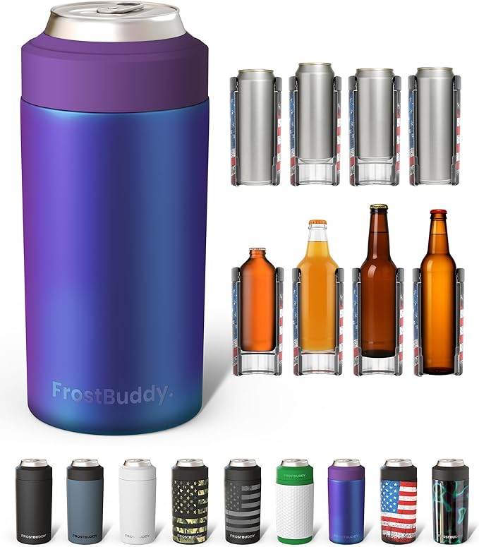 Frost Buddy Universal Buddy Can Cooler - Fits All - For Regular 12 & 16 oz or Slim-Size Bottles - Insulated Double-Walled Stainless Steel